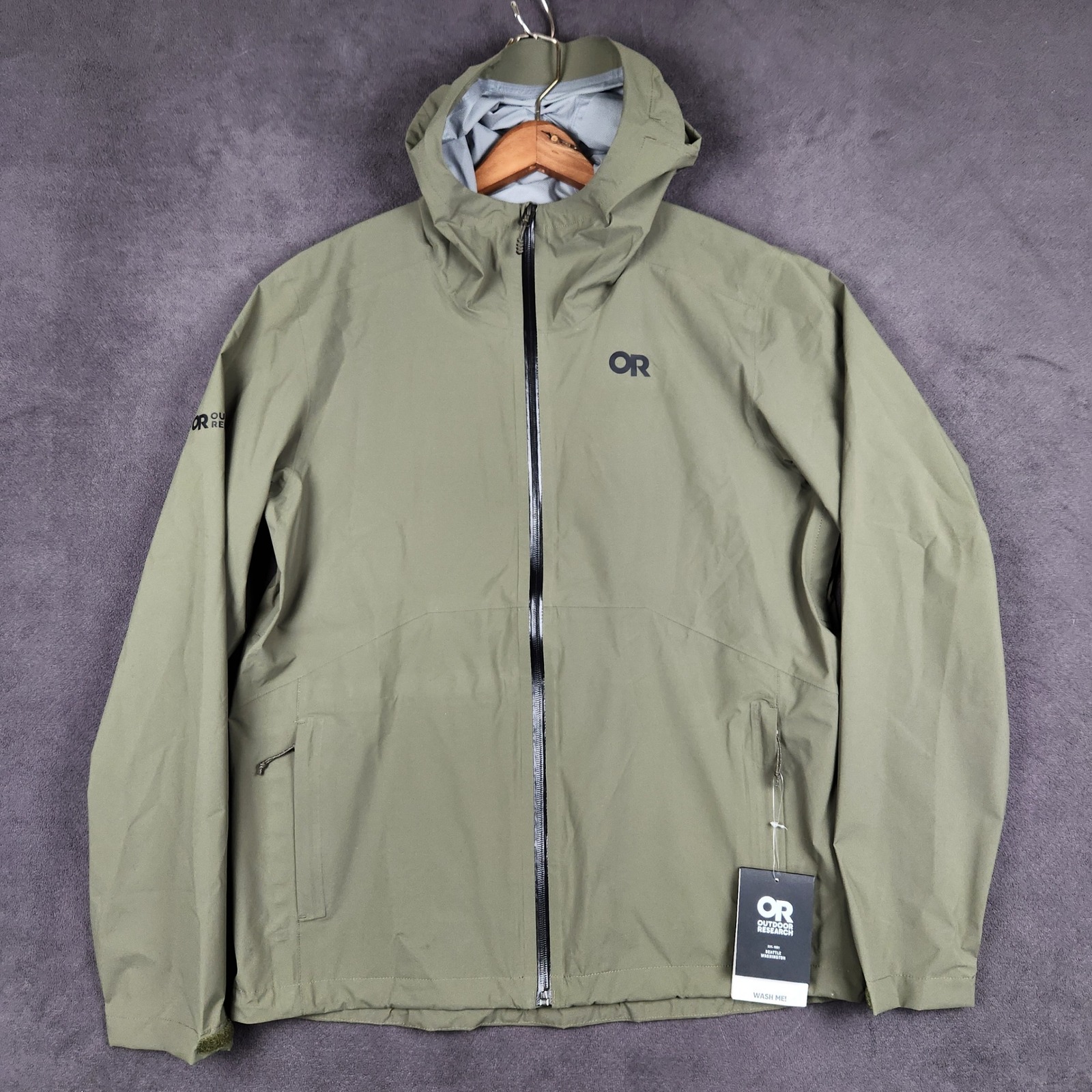 Outdoor Research Stratoburst Stretch Rain Jacket Mens Large Ranger Green New
